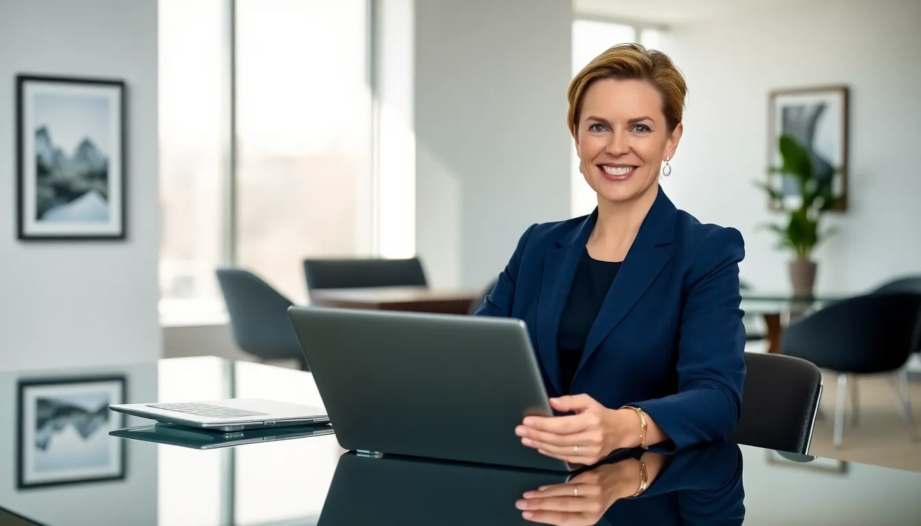 Stacy Klinger at a sleek modern office, reviewing documents.