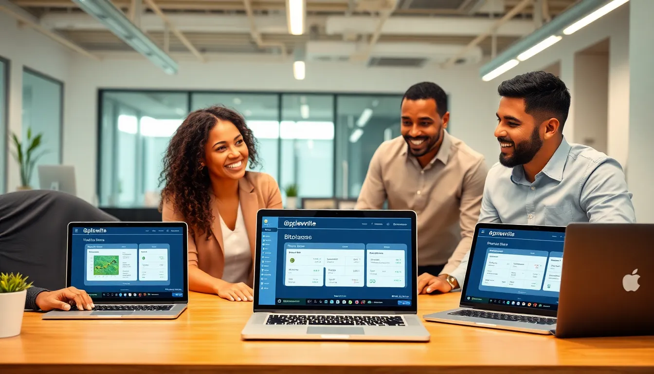 diverse team discussing Applewhite Bitclassic in a modern office.