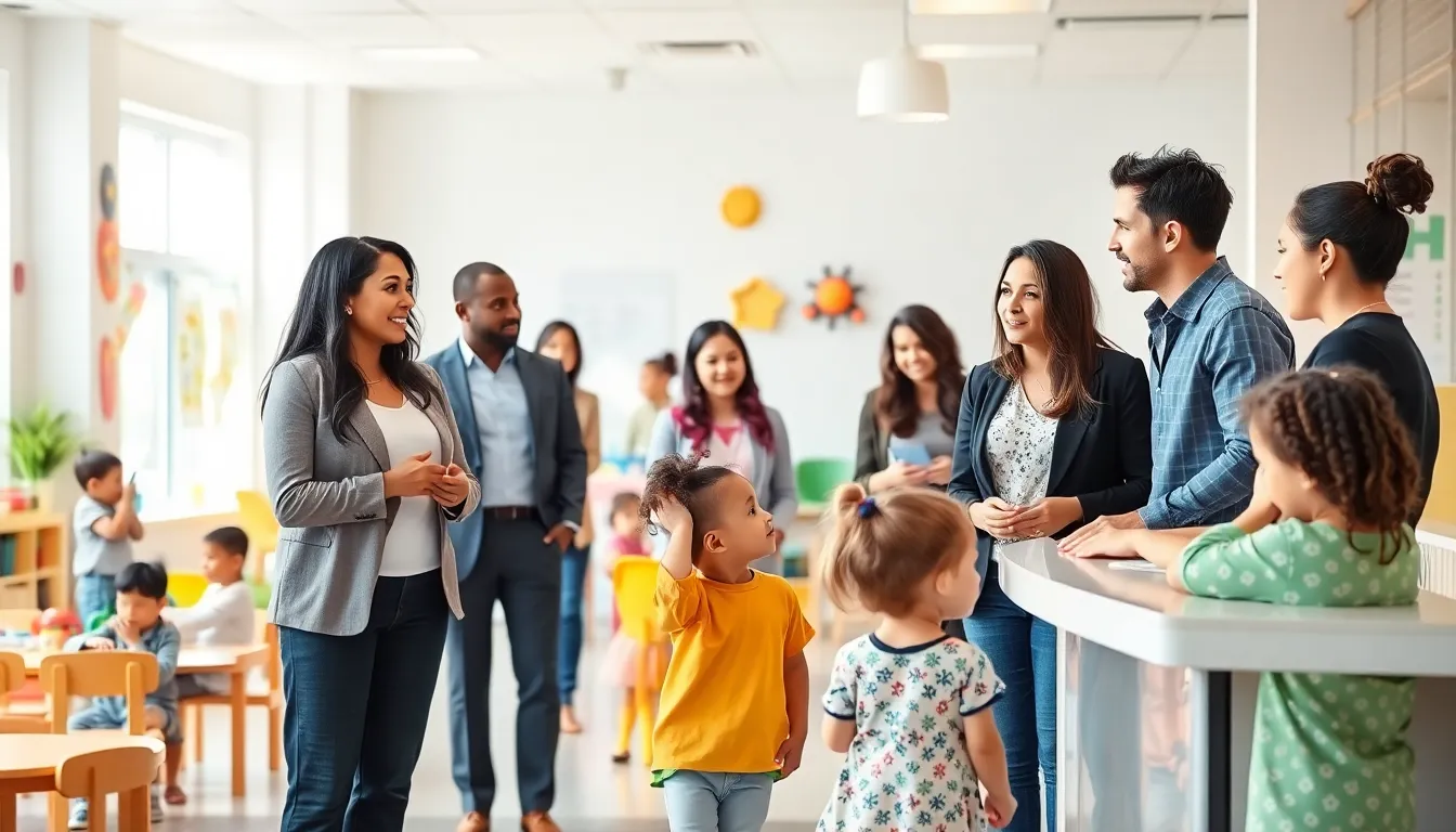 parents discussing childcare options in a welcoming center.