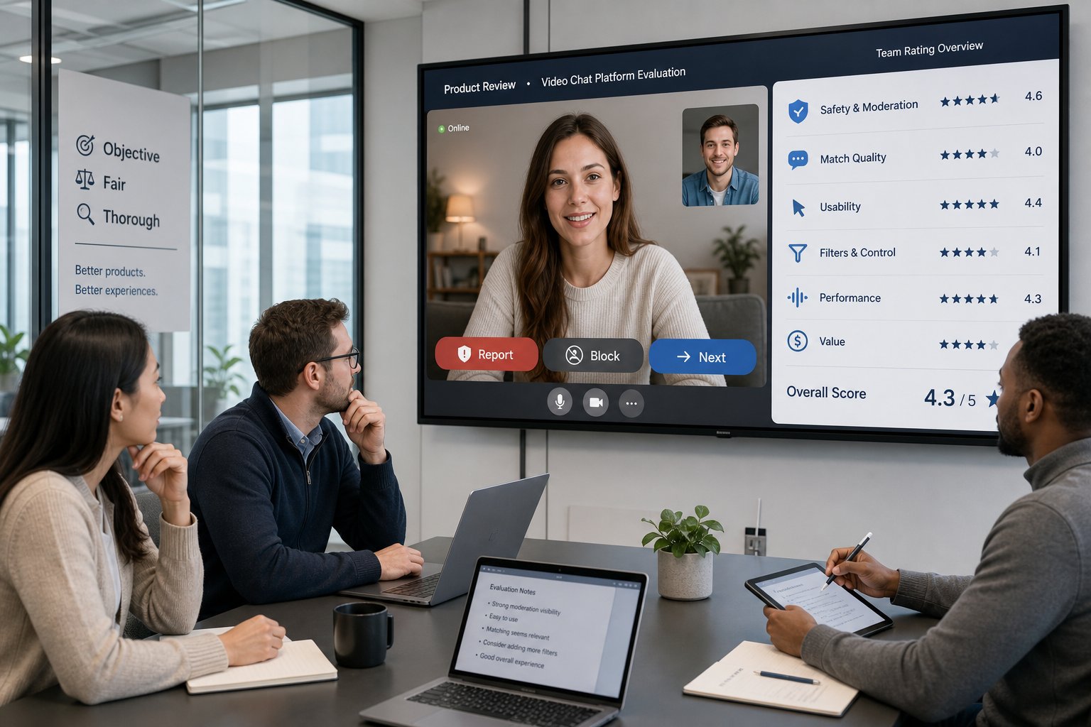 Team reviewing video chat safety, usability, and match quality on a monitor.