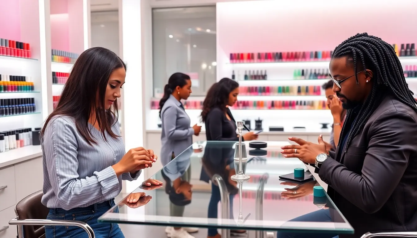 diverse nail artists showcasing current nail trends in a modern salon.