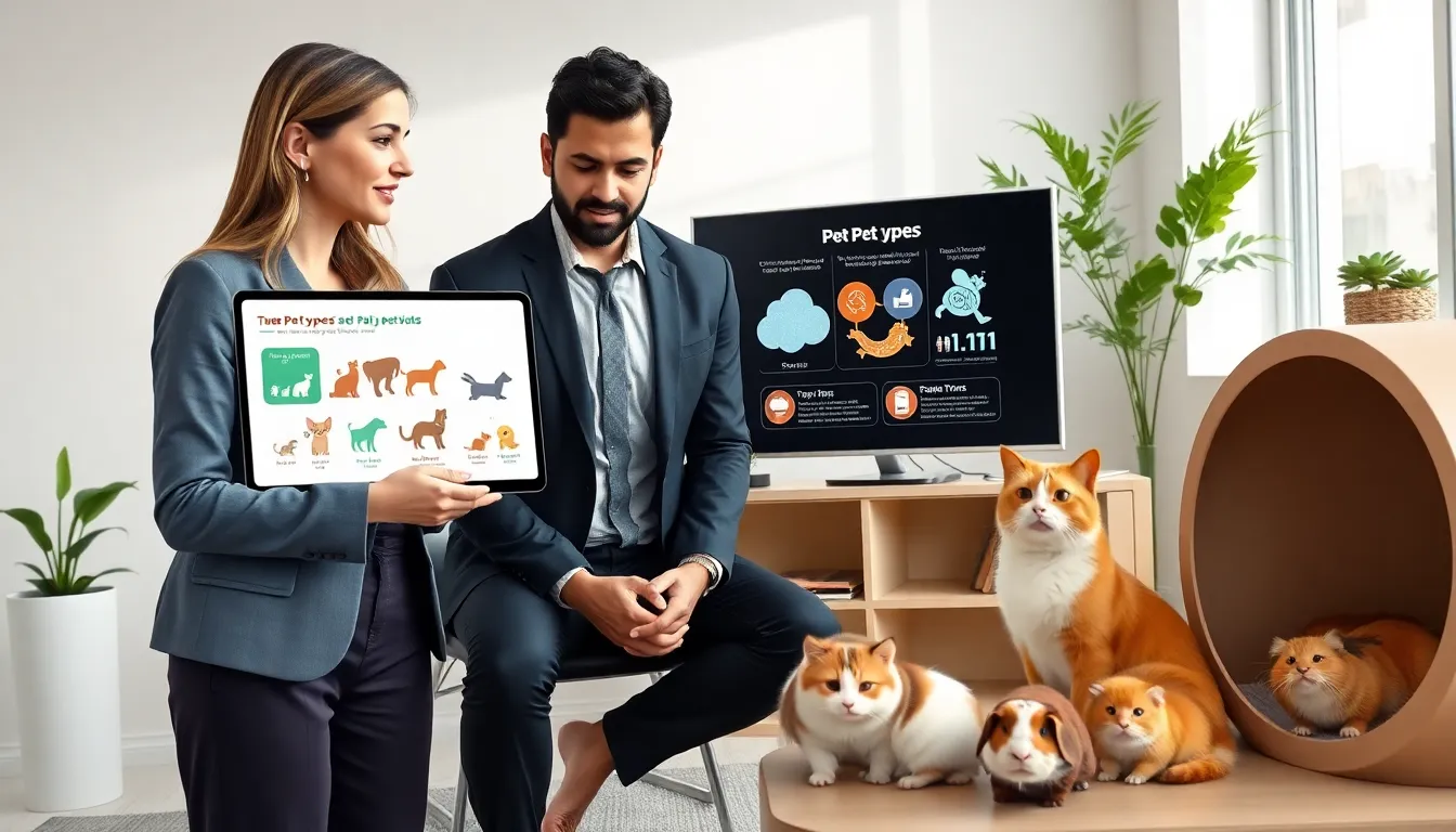 diverse pet care specialists discussing pet needs in a modern office.