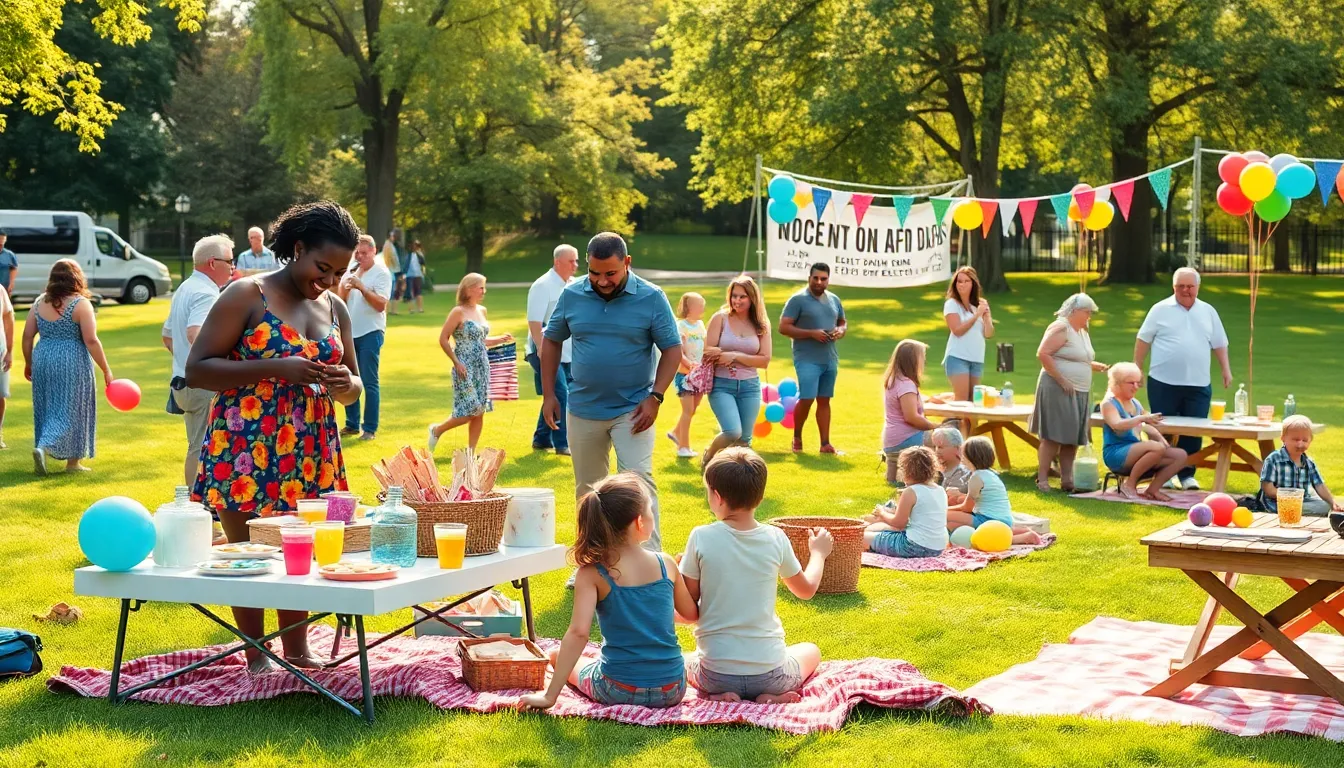 A diverse group hosting a budget-friendly outdoor community event in a park.