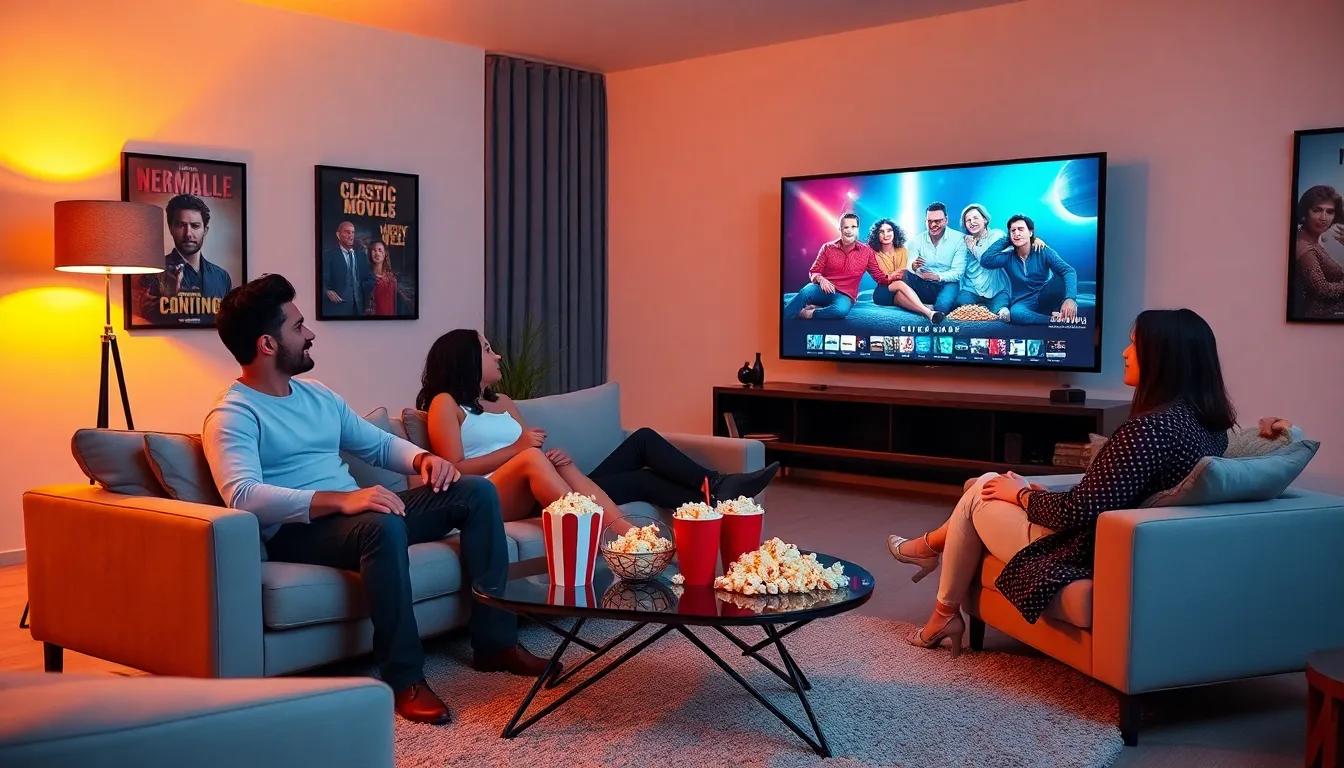 diverse group enjoying a movie in a modern living room setting.