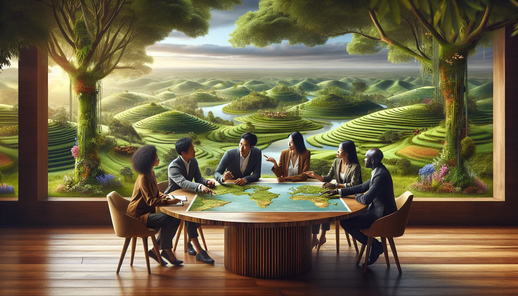 diverse professionals discussing in a lush outdoor landscape.