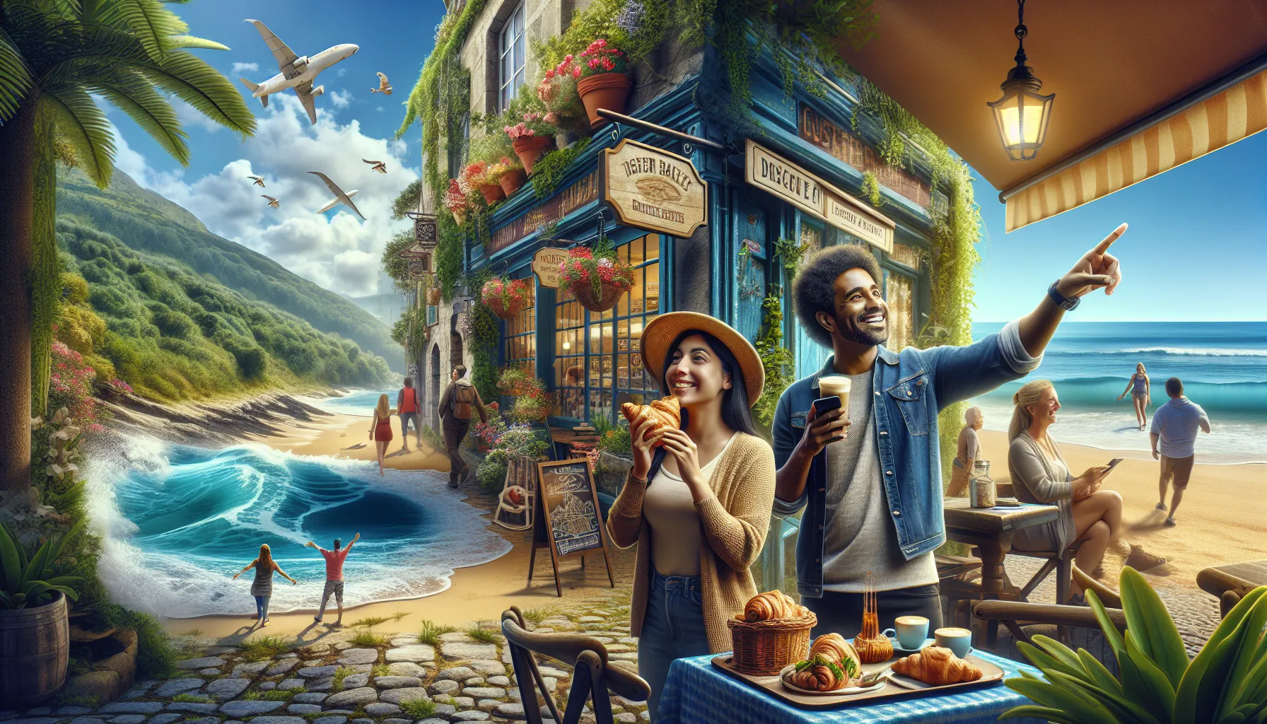 diverse travelers enjoying hidden gems in a charming café and beach.