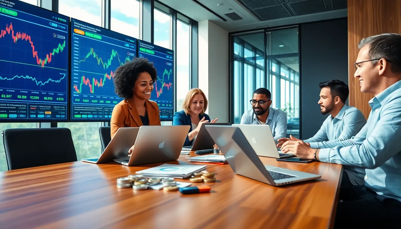 diverse team discussing cryptocurrencies in a modern office.