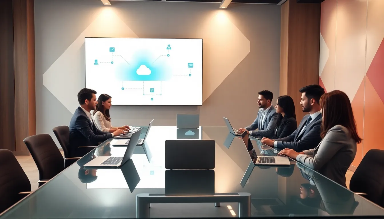 diverse financial team discussing cloud computing in a modern office.