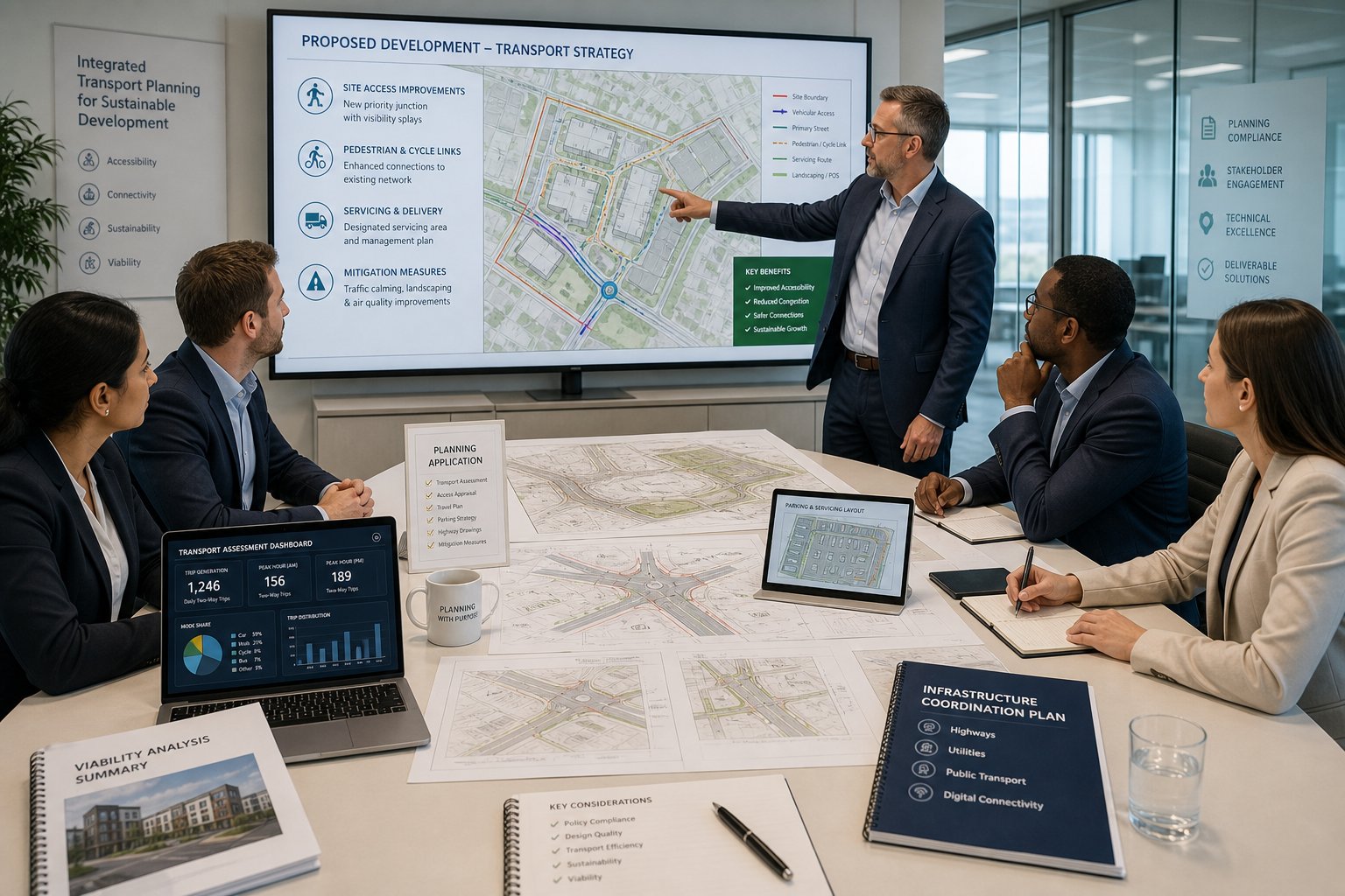 Transport planners reviewing development access and traffic plans in a modern office.