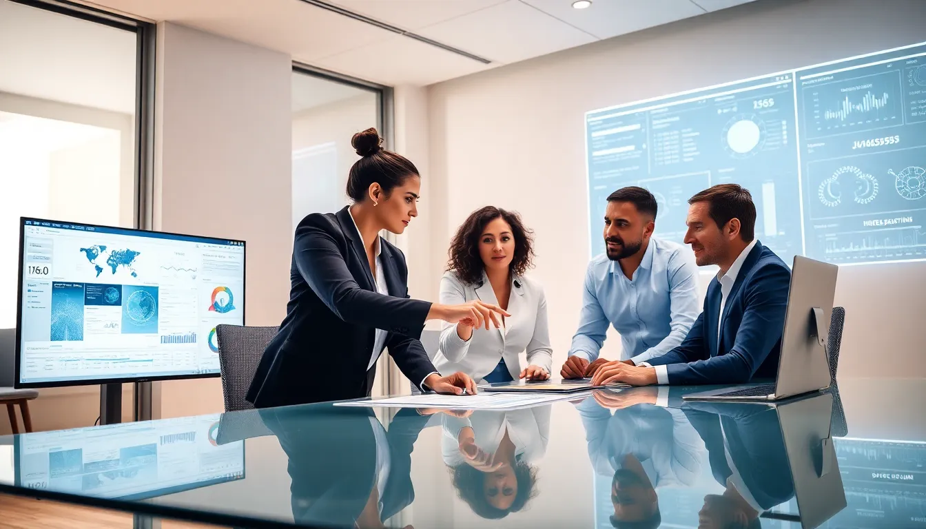 diverse team analyzing data in a modern office setting.