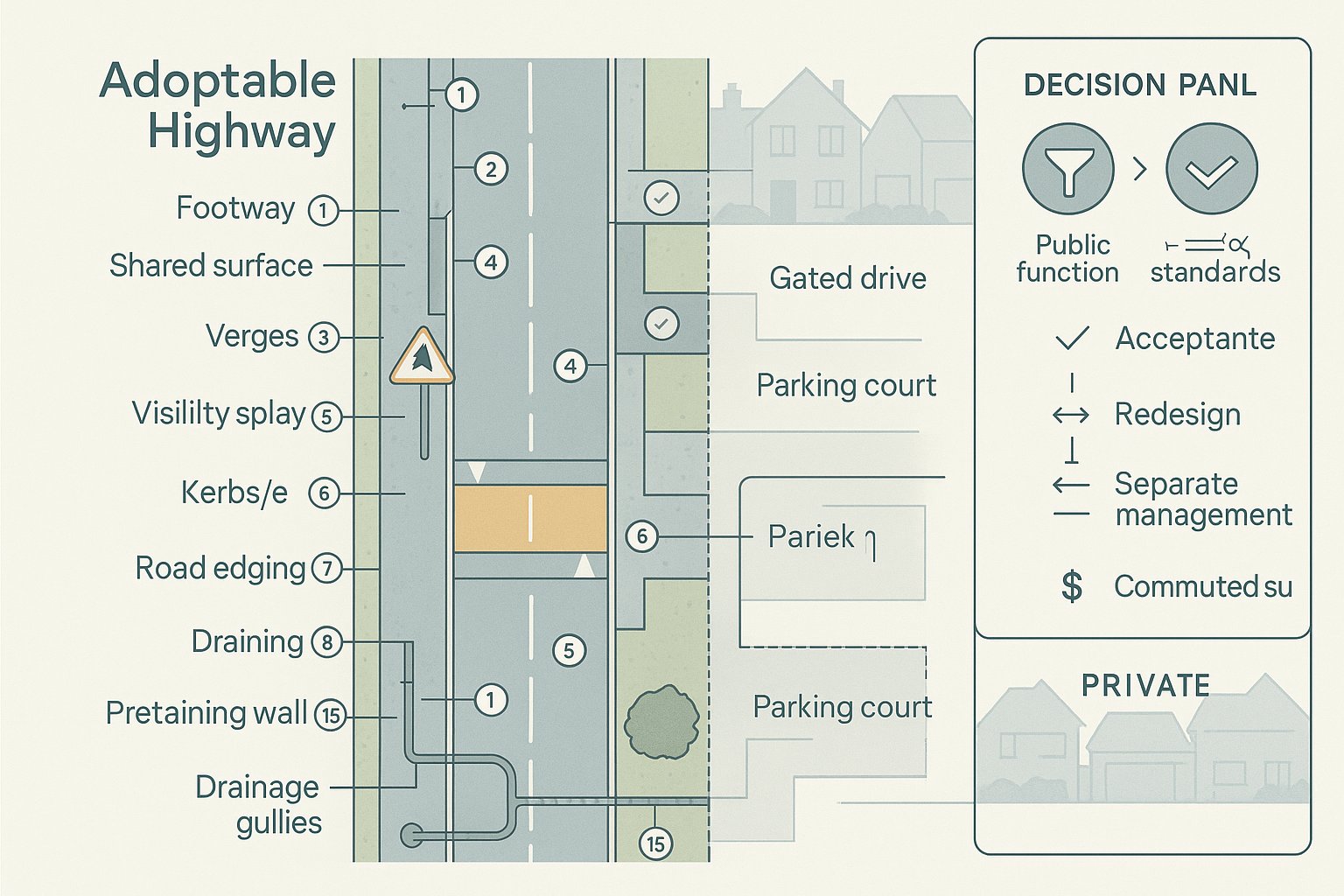 Infographic of UK road features that may qualify for Section 38 adoption.