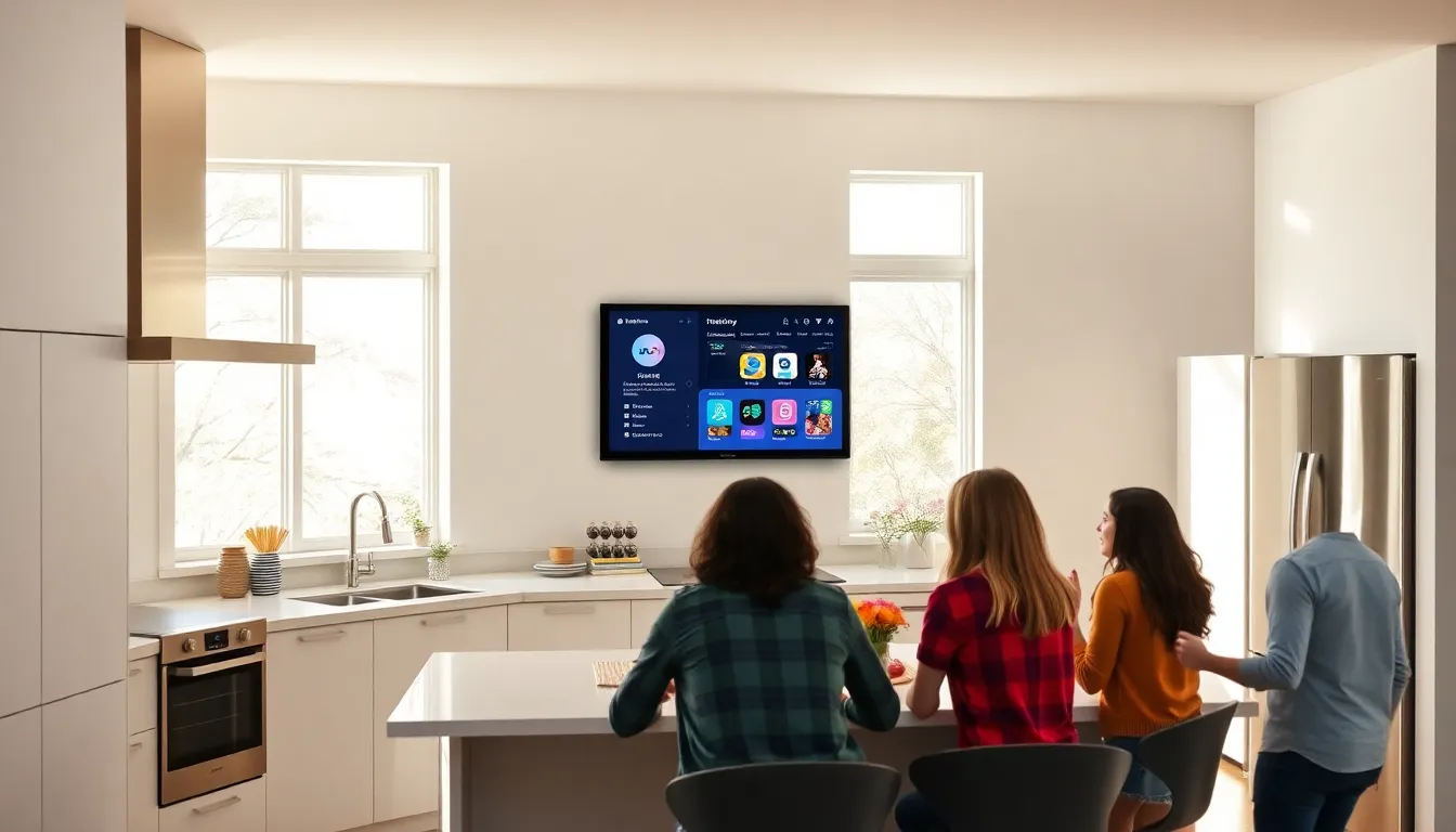 Apple Smart Display in a modern kitchen with a family gathered around it.
