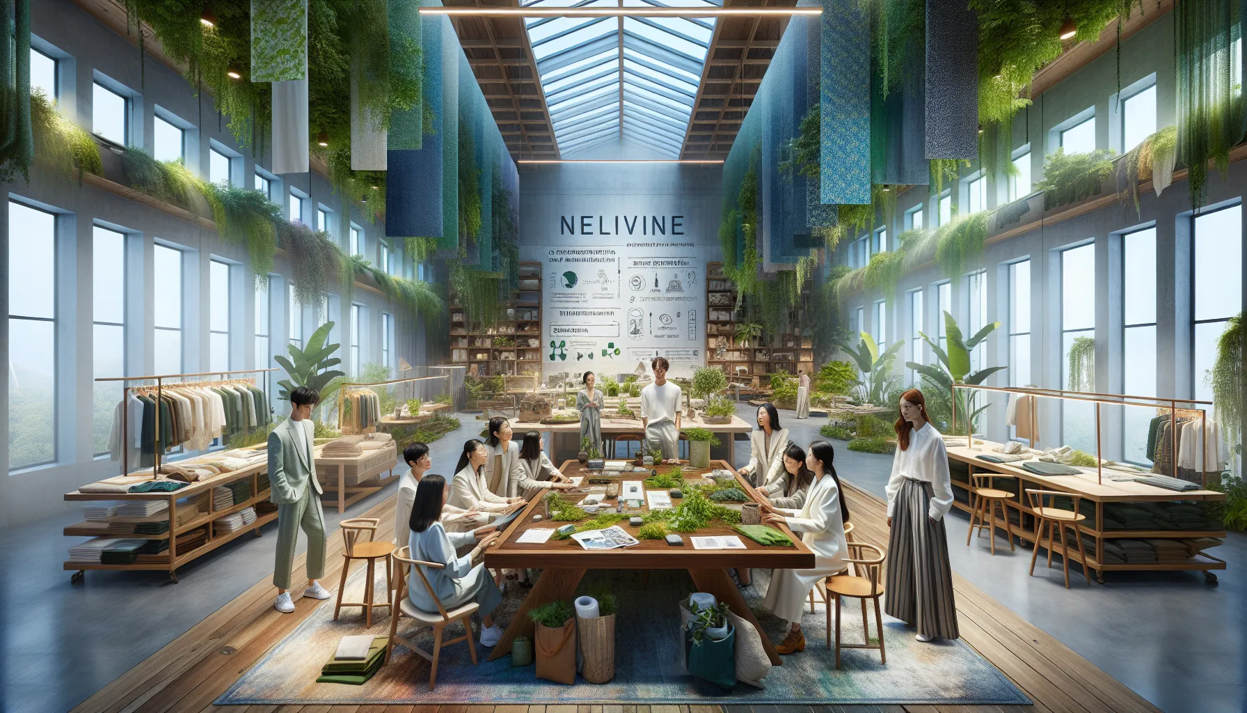 diverse team collaborating in a sustainable fashion workspace.