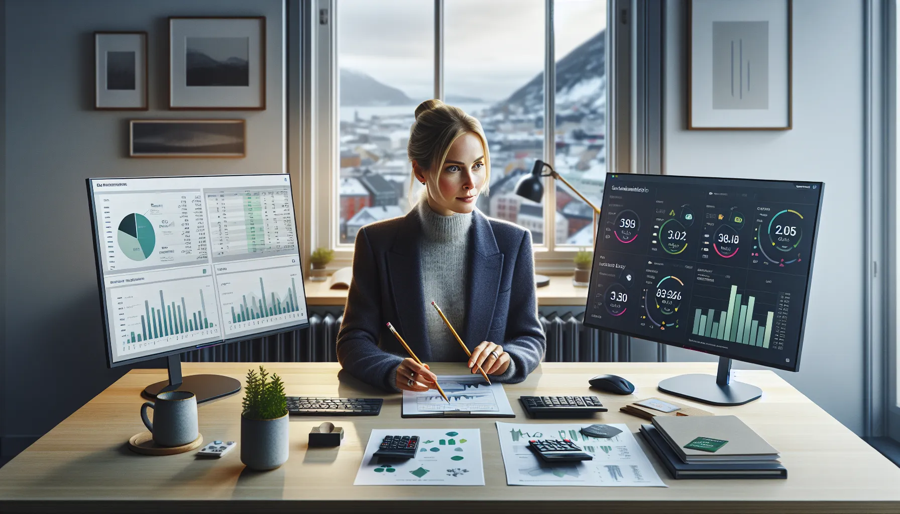 Norwegian analyst comparing esg dashboard with traditional financial metrics on monitors.