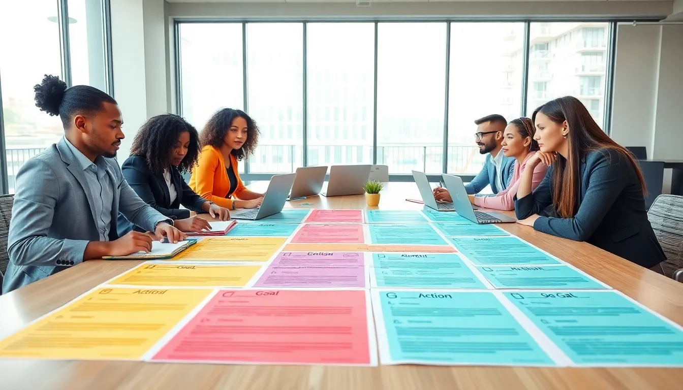 diverse team collaborating on goal-setting worksheets in a modern office.
