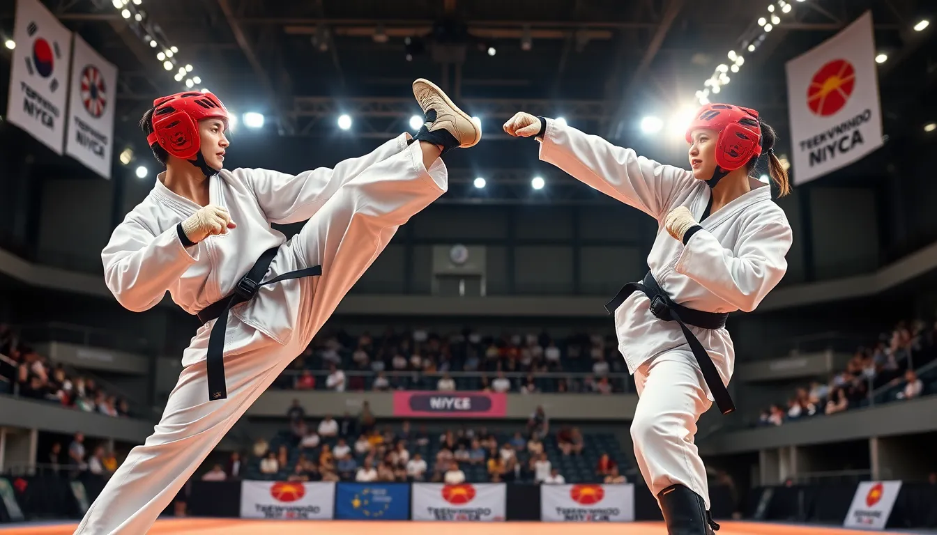 two taekwondo competitors in action during a bout.