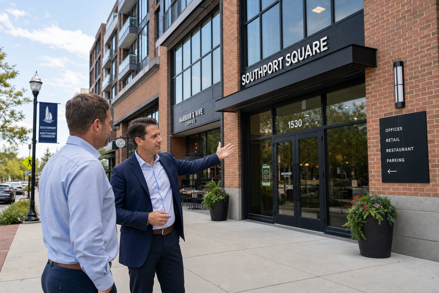 Commercial mortgage broker and client outside a modern mixed-use commercial building, discussing the property in daylight.