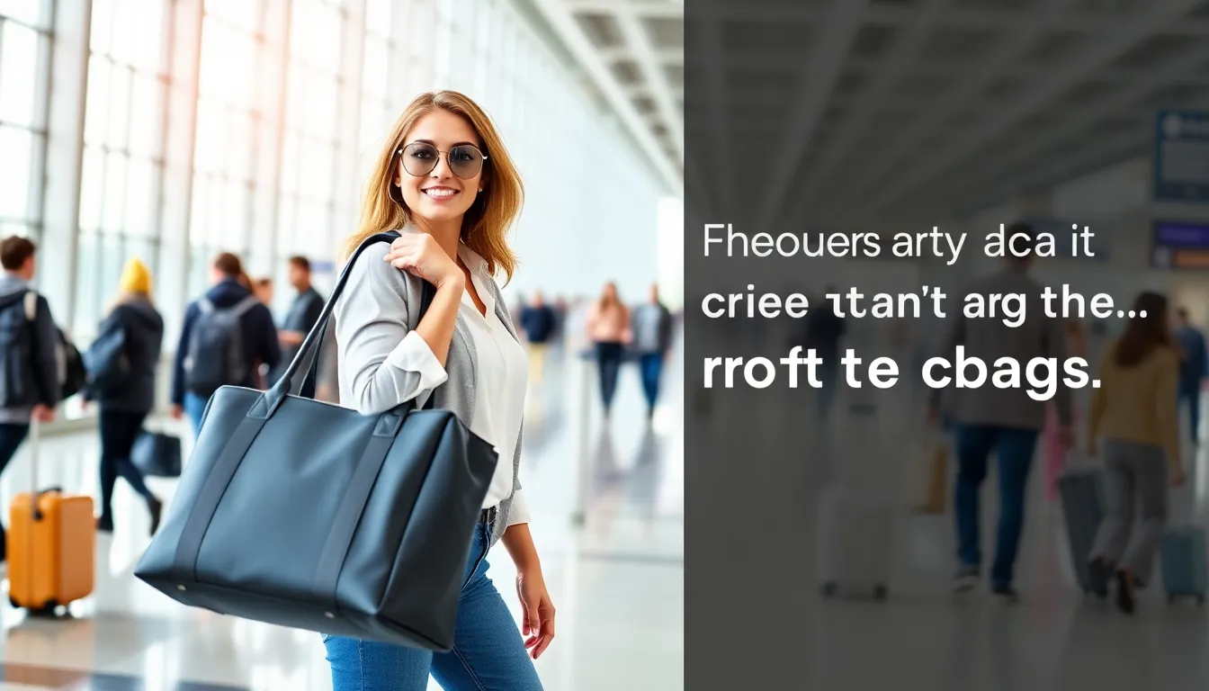 woman with a stylish travel bag in an airport setting.