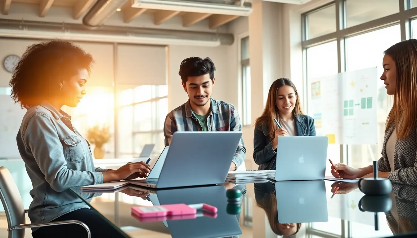 teens collaborating on side hustles in a modern workspace.