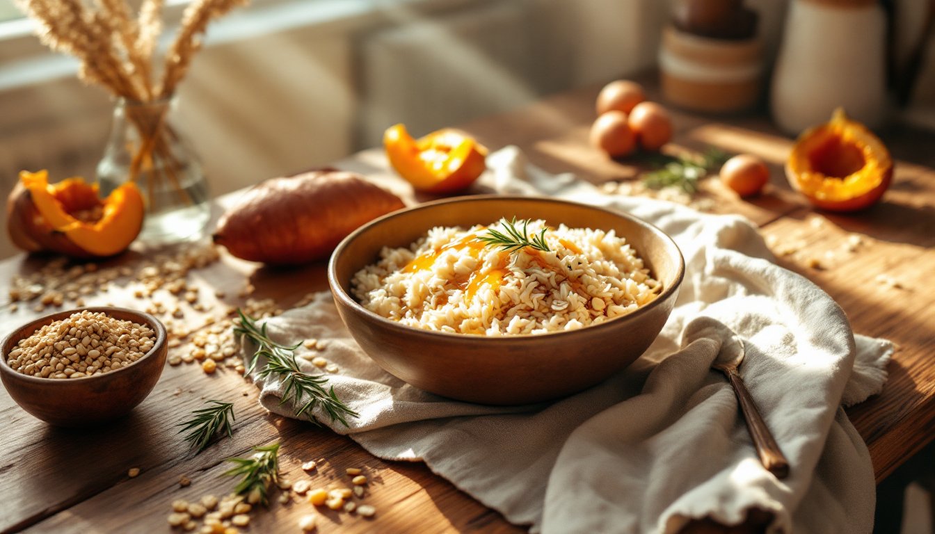 Bowls of basmati rice, oats, sweet potato, and whole grains on a wooden table.