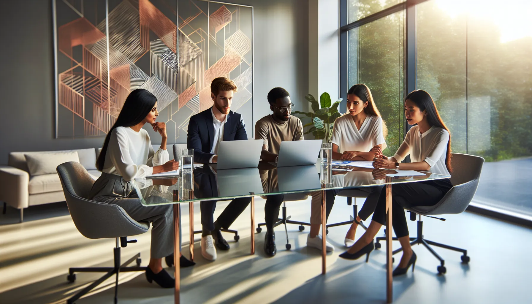 diverse team collaborating with Mac laptops in a modern office setting.