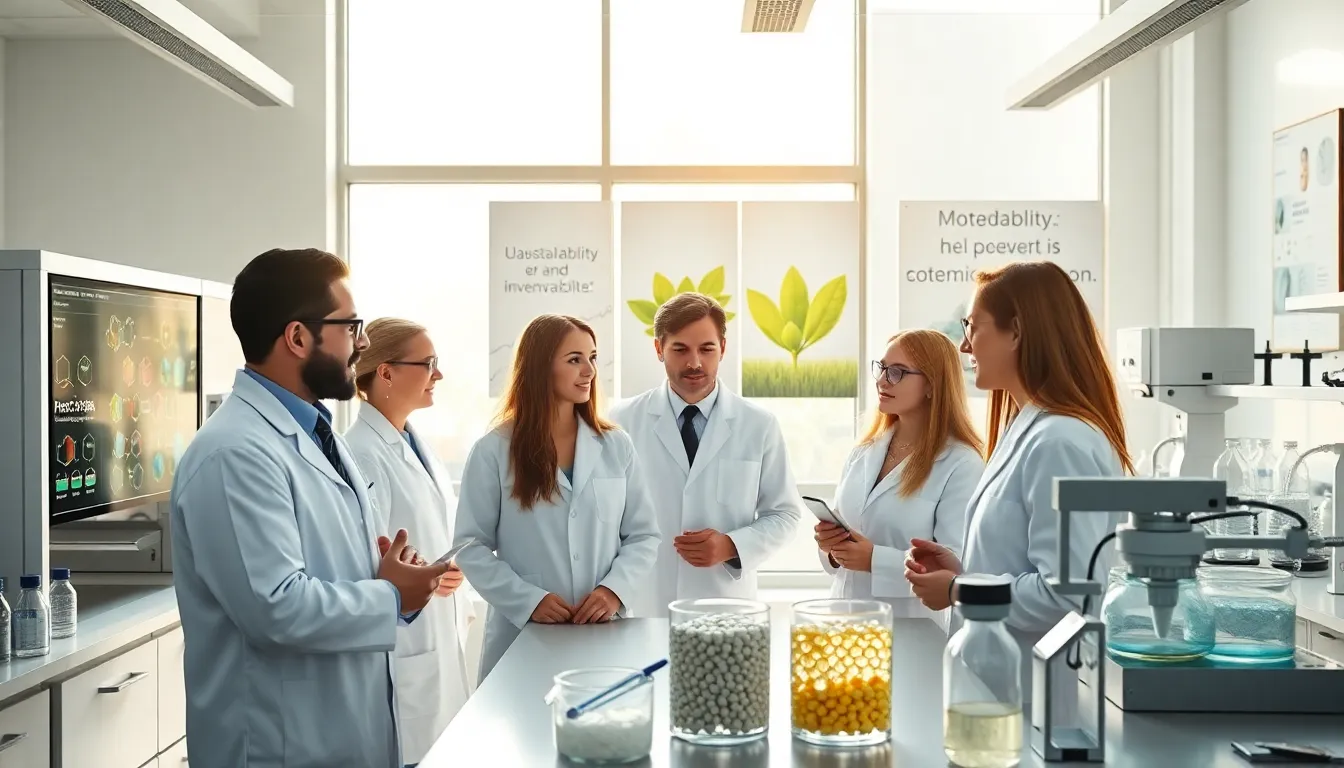 diverse scientists examining Krylovalster in a modern lab setting.