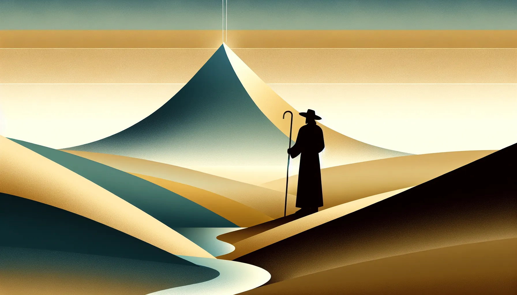 Shepherd silhouette gazing at distant glowing mountain peak representing unreachable ideals