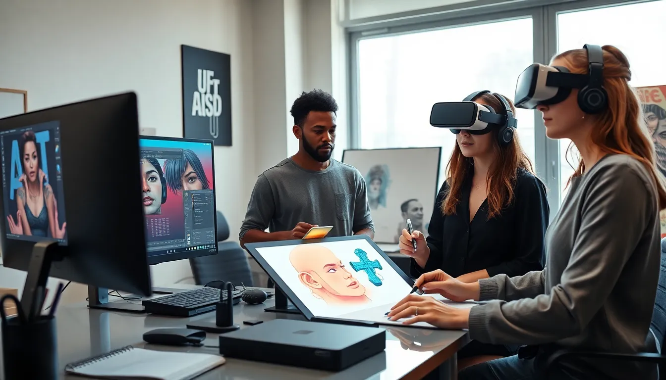 diverse artists using digital tools in a modern art studio.