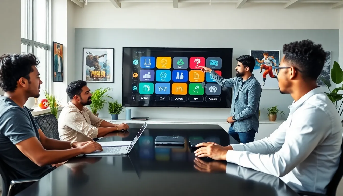 team discussing video game genres in a modern office setting.