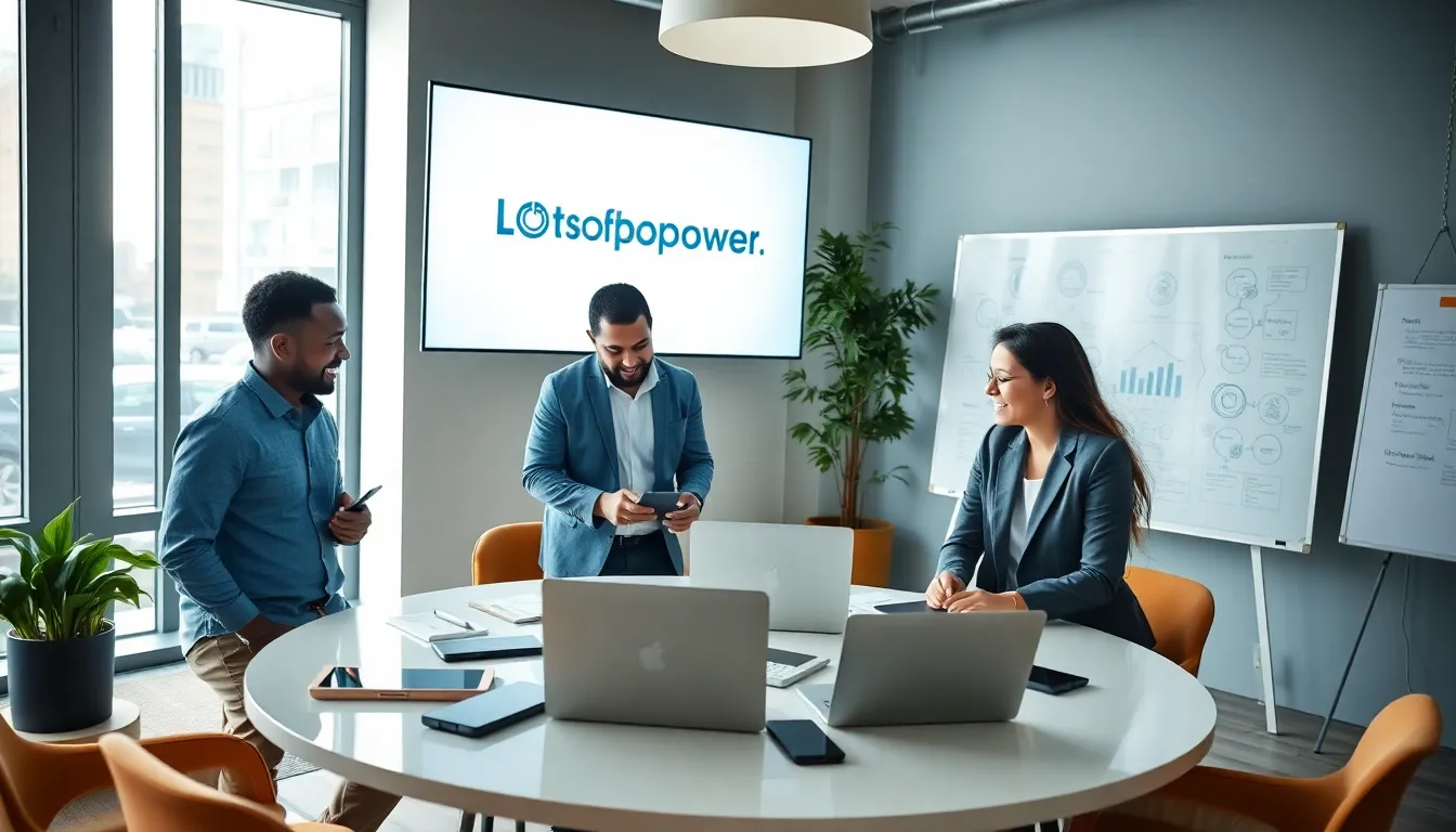 professionals discussing technology in a modern office with Lotsofpower .Net logo.