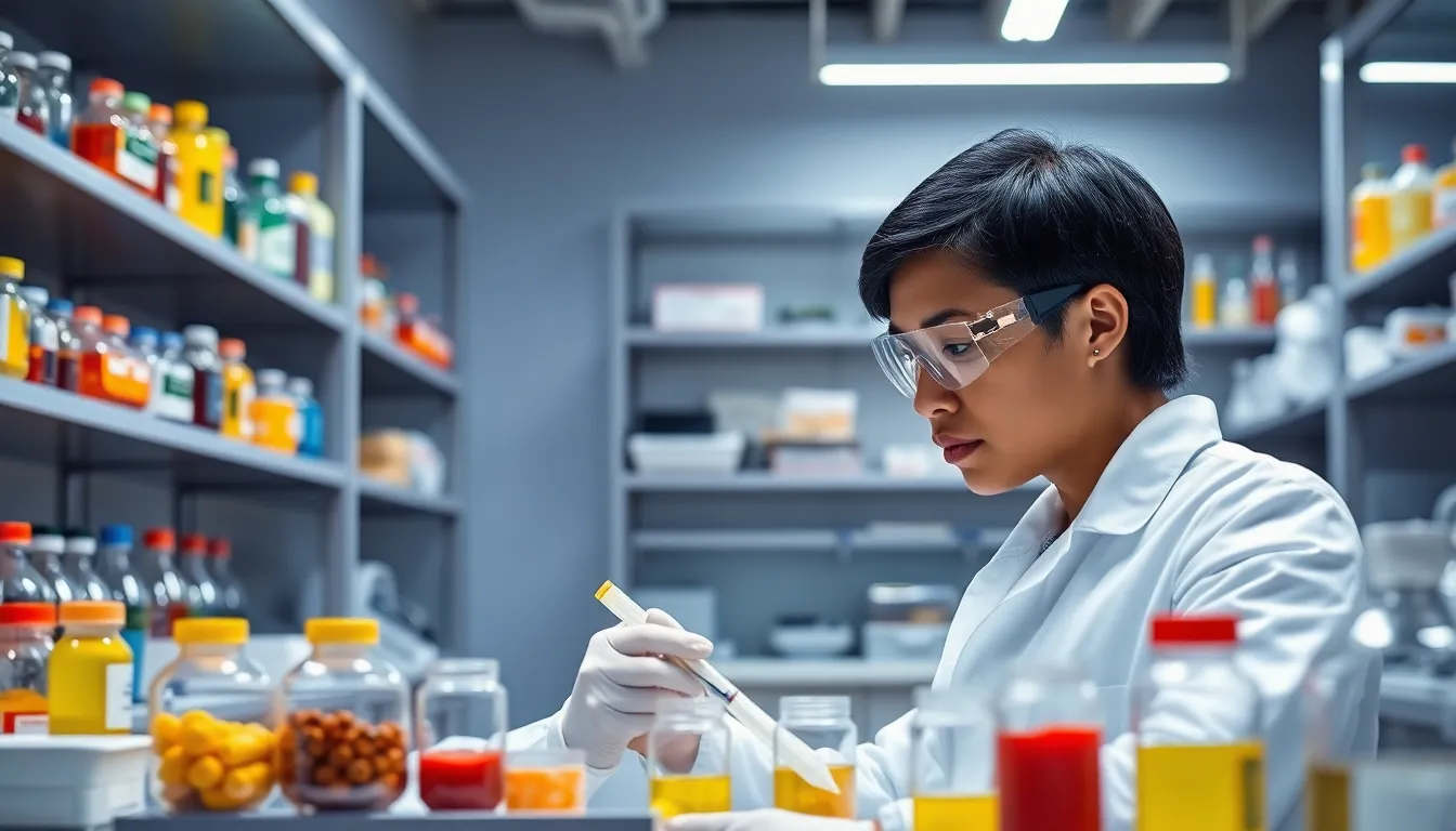 food scientist analyzing samples in a modern lab setting.