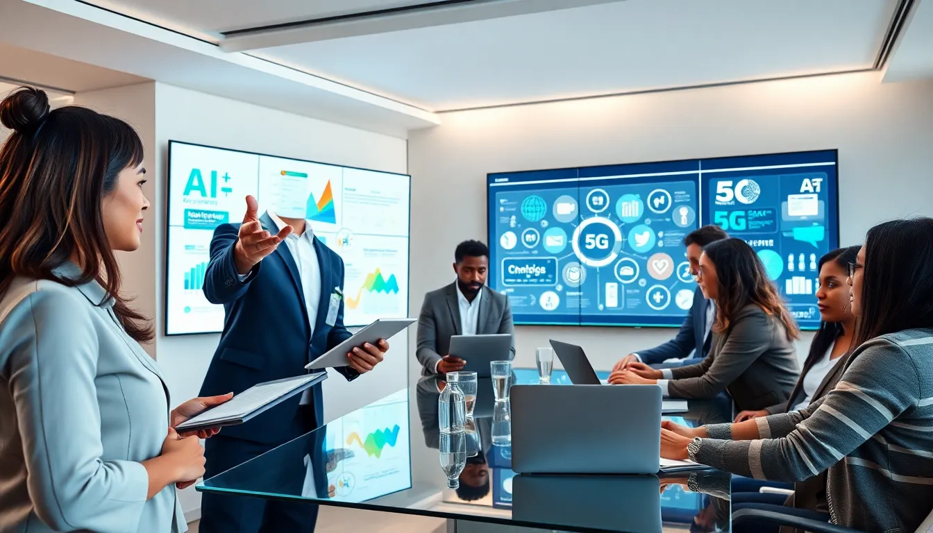 team of professionals discussing emerging technologies in a modern office.