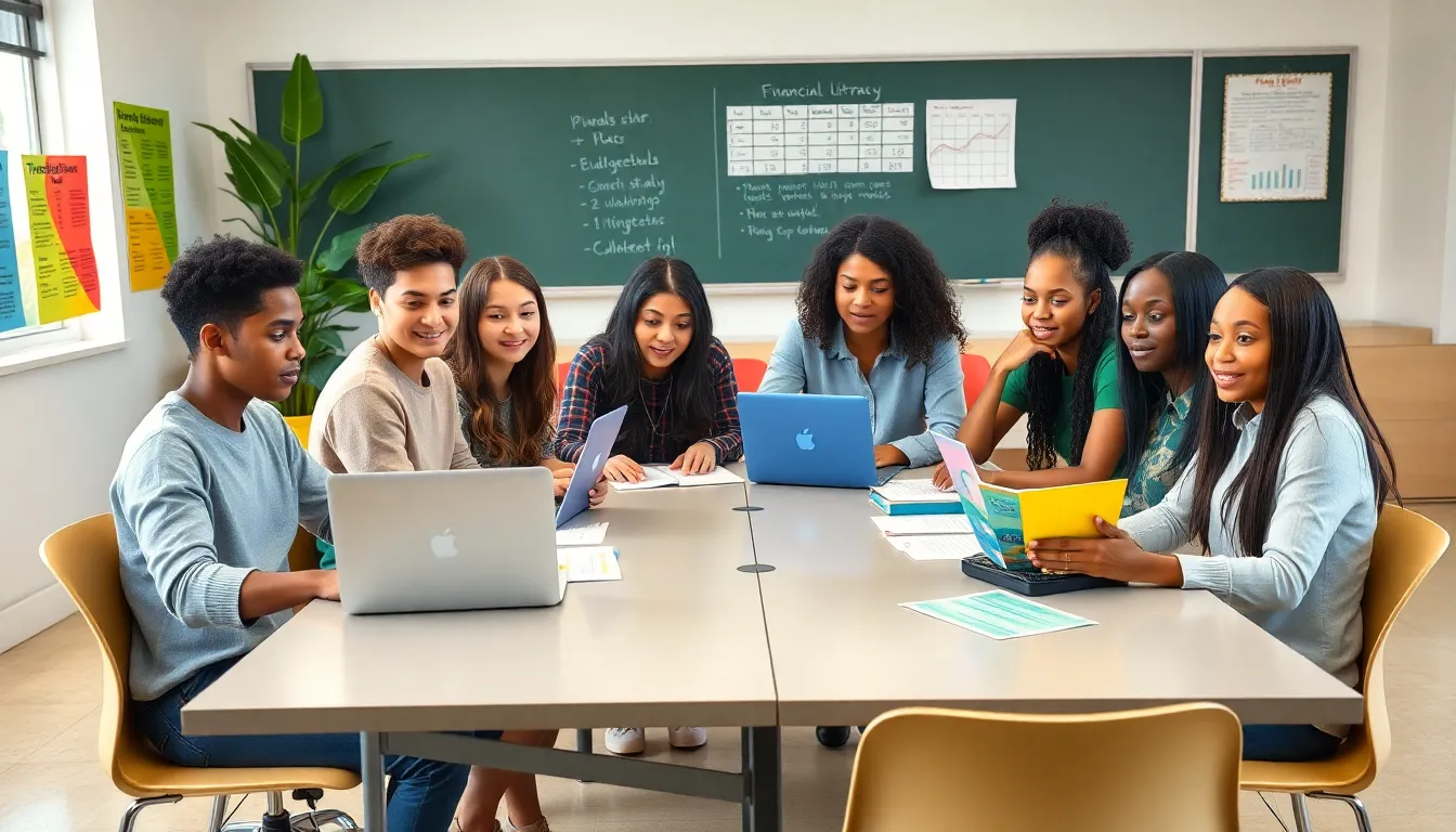 high school students learning personal finance in a modern classroom.