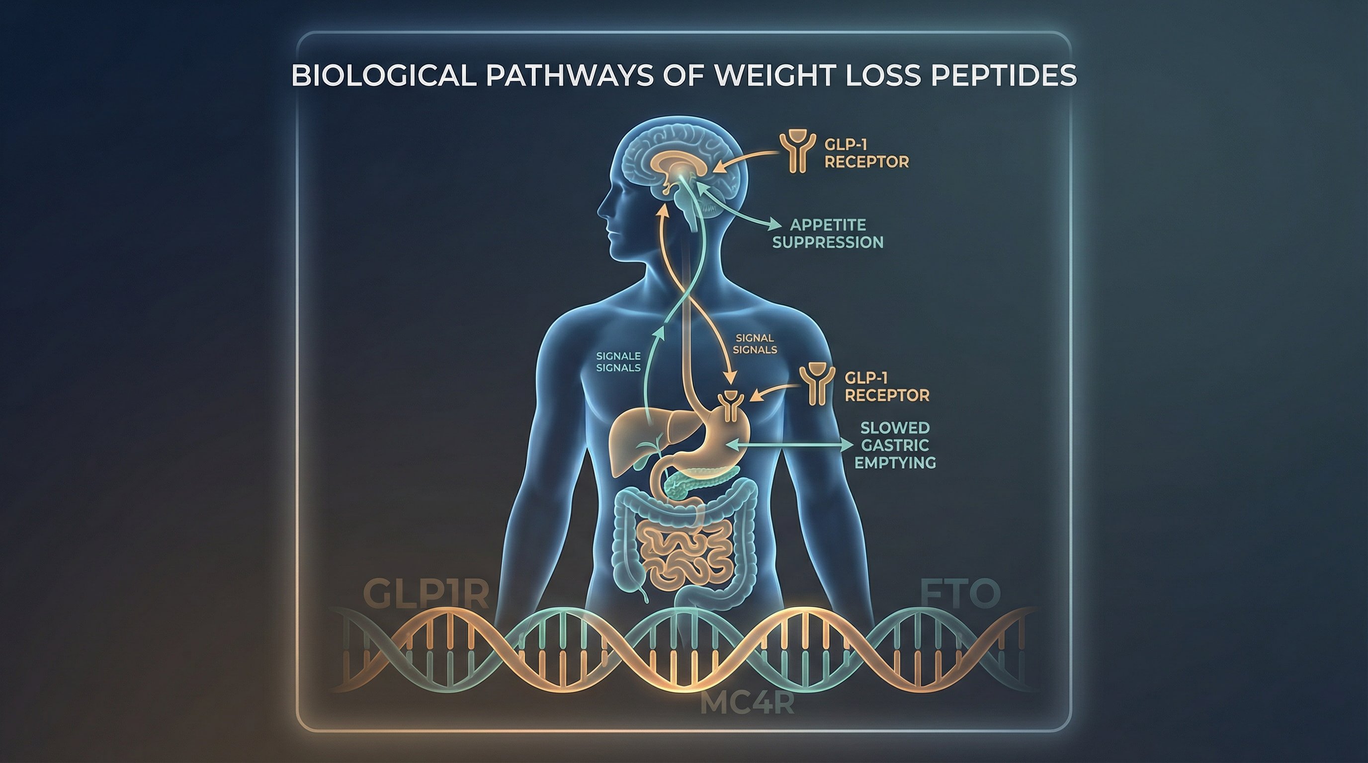 Illustration of human body showing peptide pathways affecting brain, gut, and metabolism.