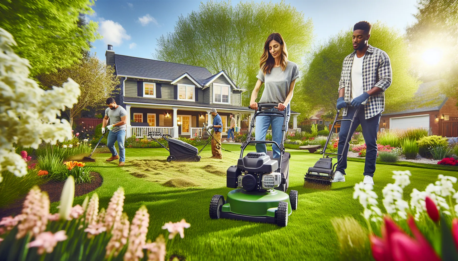 diverse team landscaping a vibrant lawn in spring.