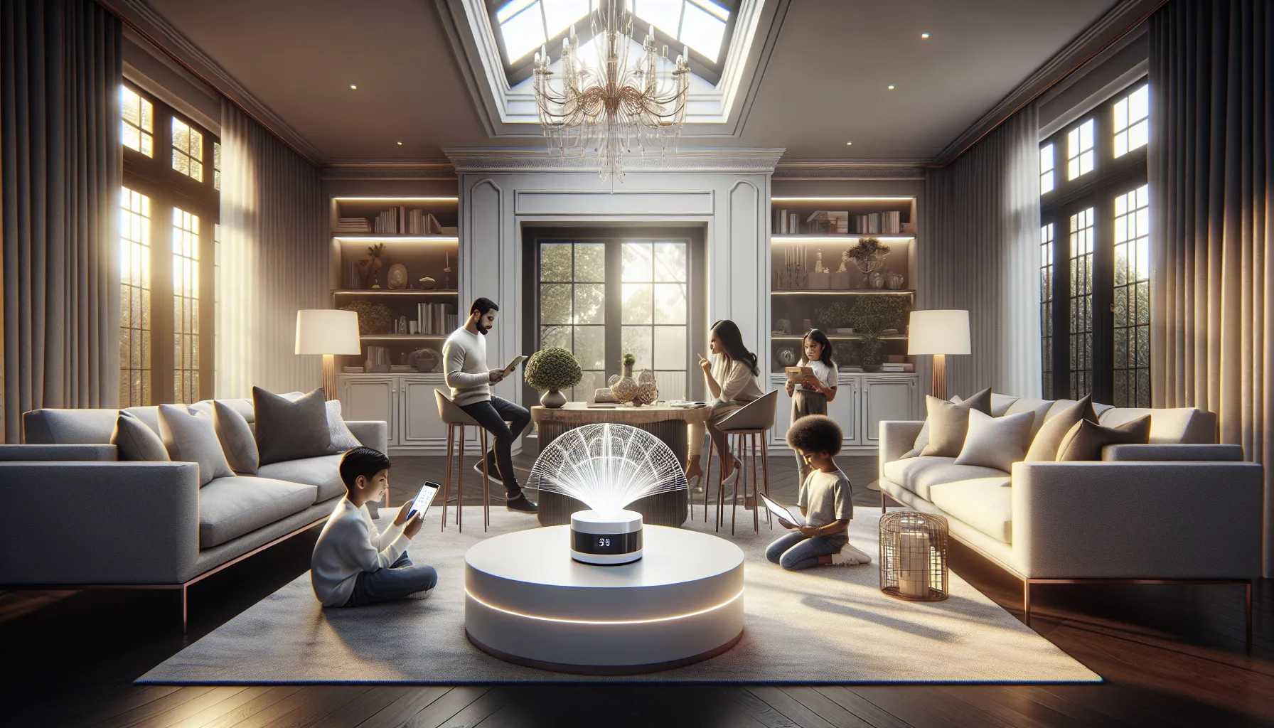 family using devices with Orbi Satellite in a modern living room.