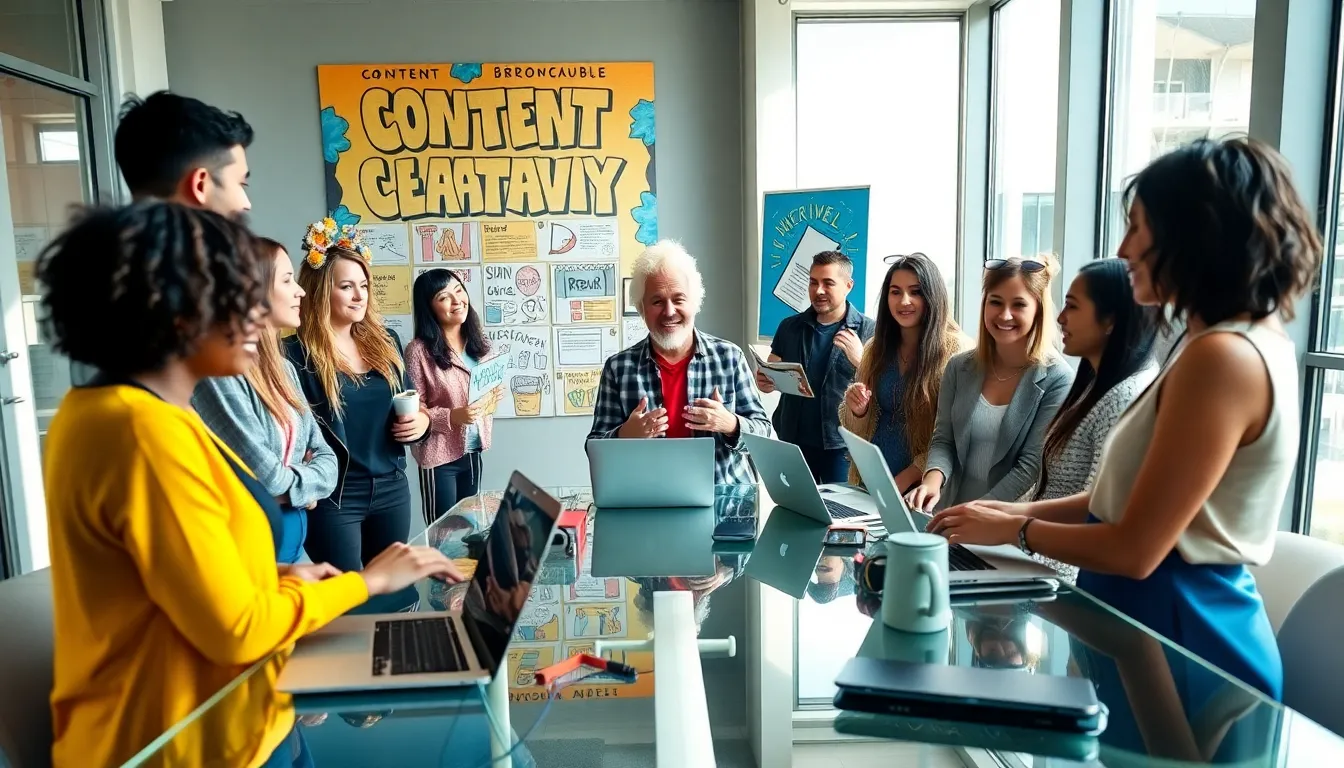 diverse adult content creators collaborating in a modern office setting.