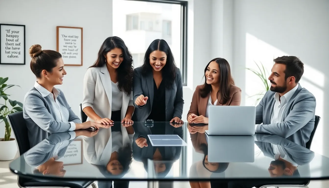 diverse team discussing relationship advice in a modern office.