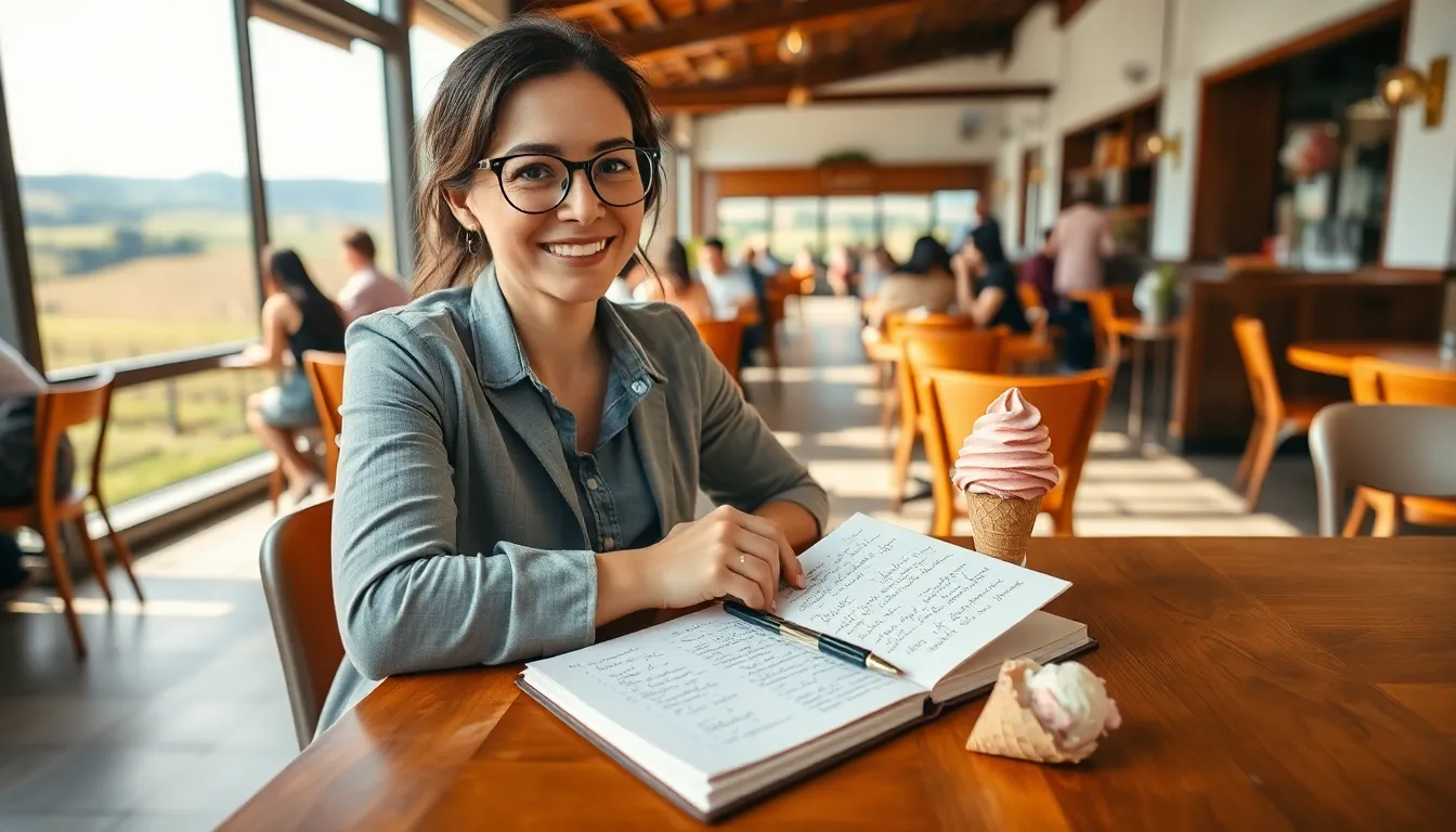 traveler writing in a trip journal at a café table.