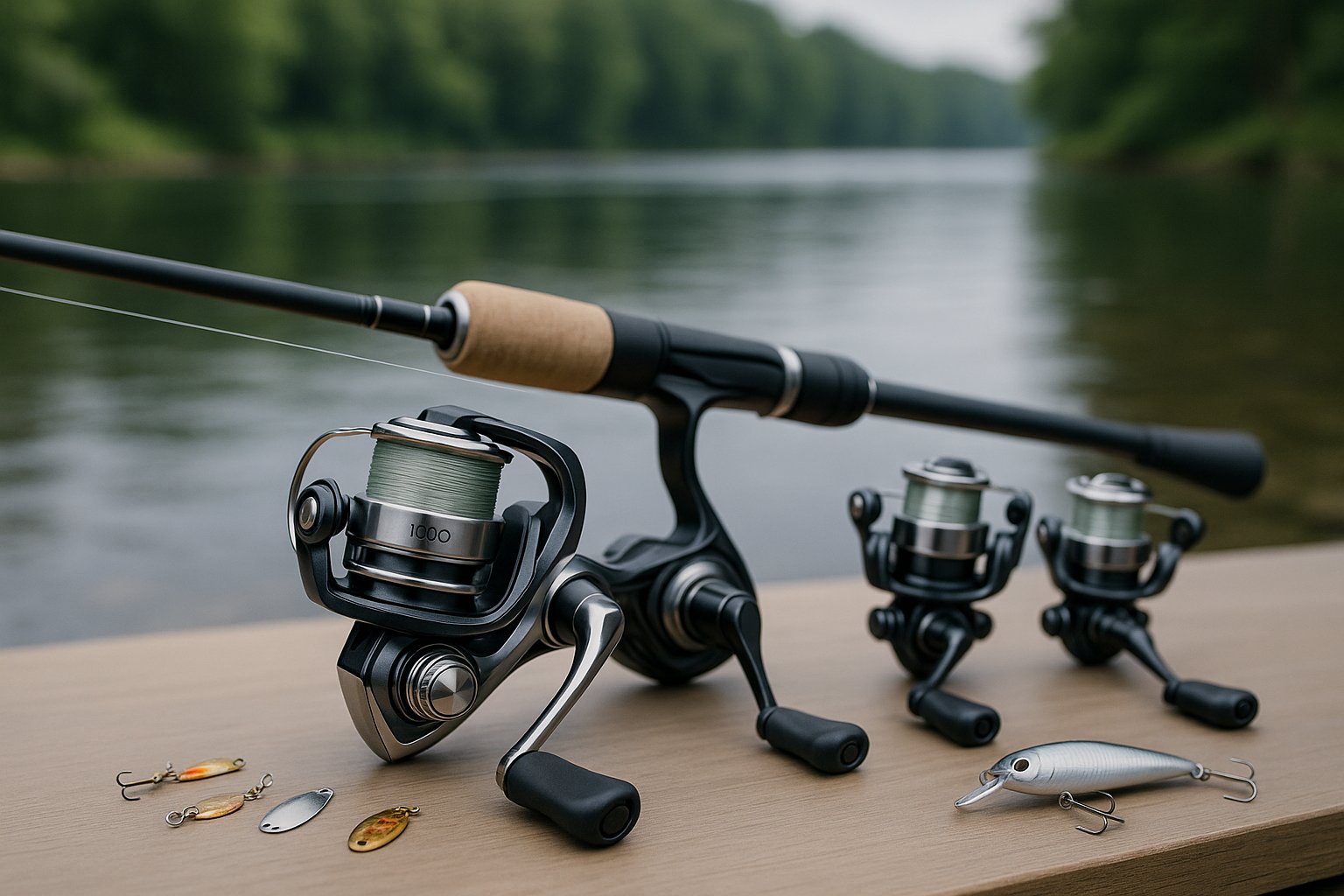 Ultralight spinning reel setup for trout fishing beside a freshwater shoreline.