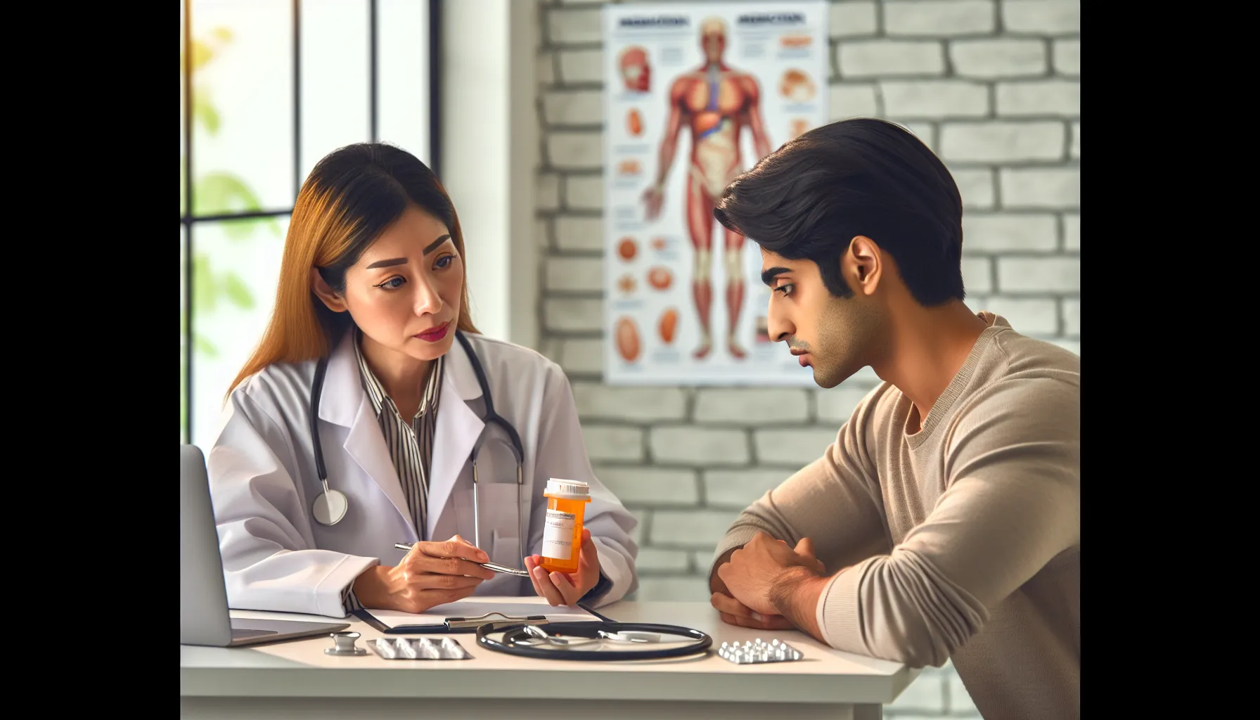 A doctor discussing medication side effects with a patient in an office.