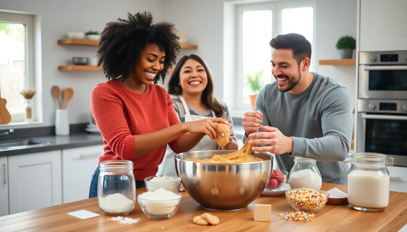 group baking cookies together in a cozy kitchen.
