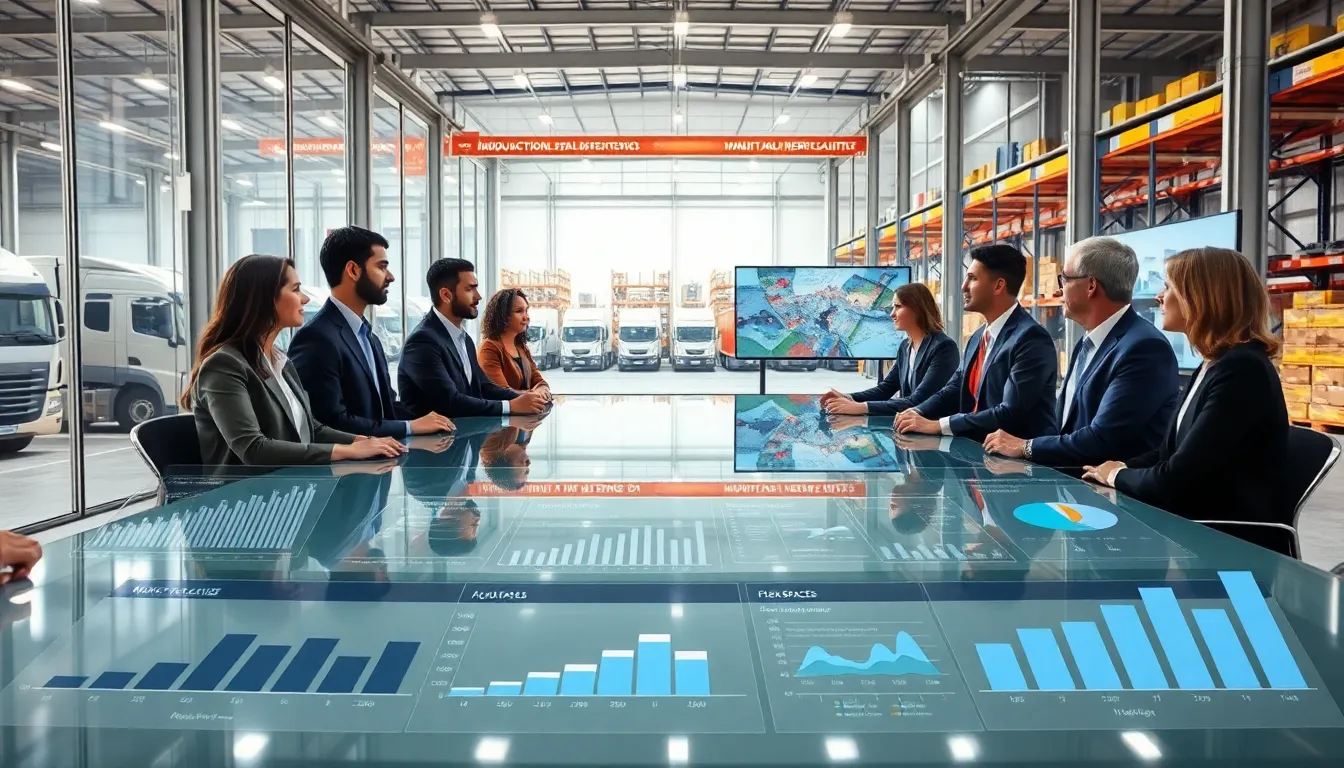 professionals discussing industrial real estate in a modern office setting.
