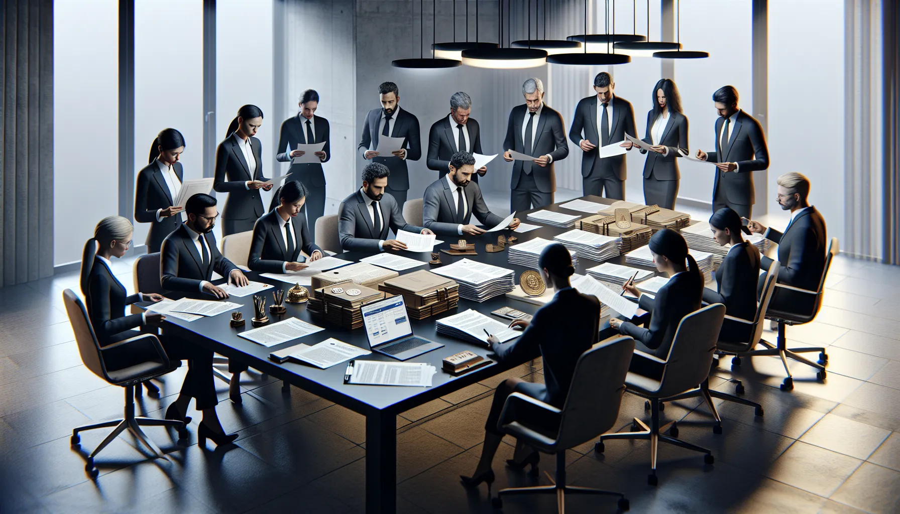 Croatian officials reviewing tender cancellation documents in modern government office