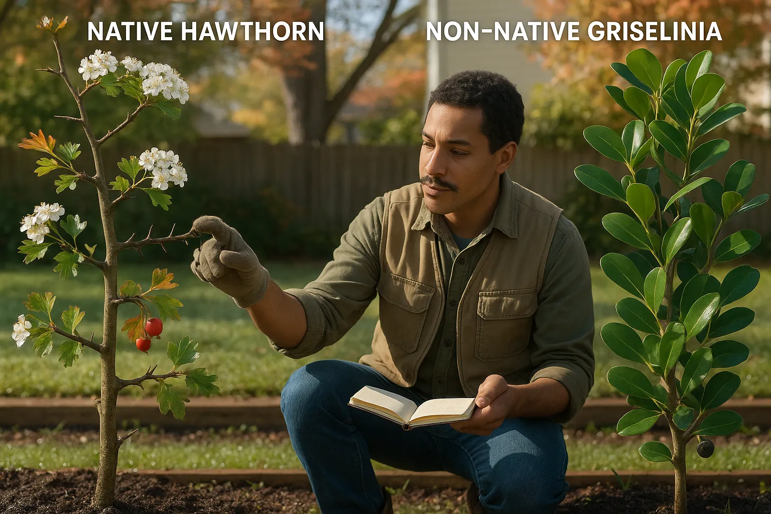 Side-by-side hawthorn and Griselinia shrubs with botanist pointing out differences.