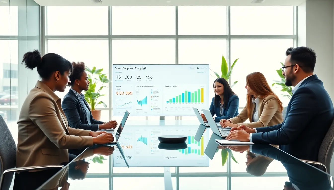 diverse marketing team analyzing digital data in a modern office.