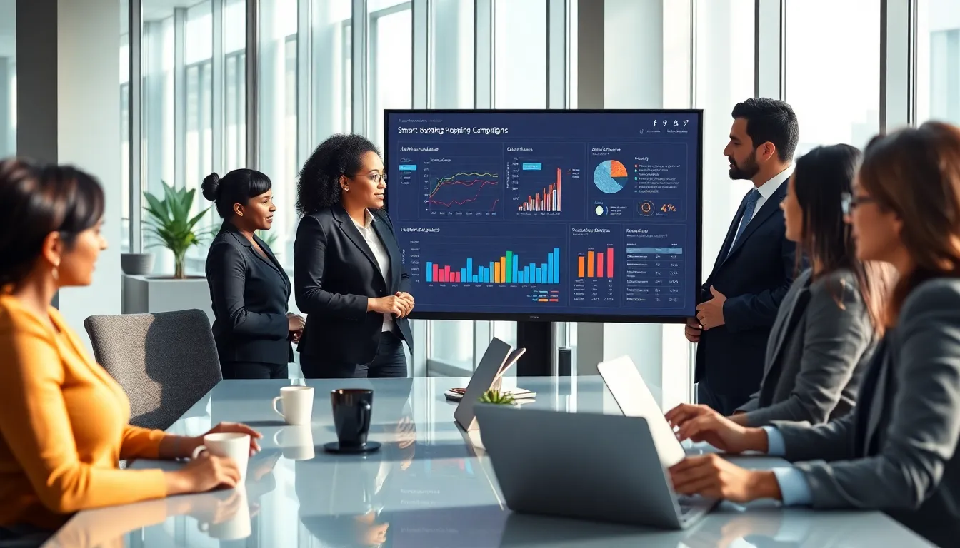 diverse team analyzing Smart Shopping Campaign data in a modern office.