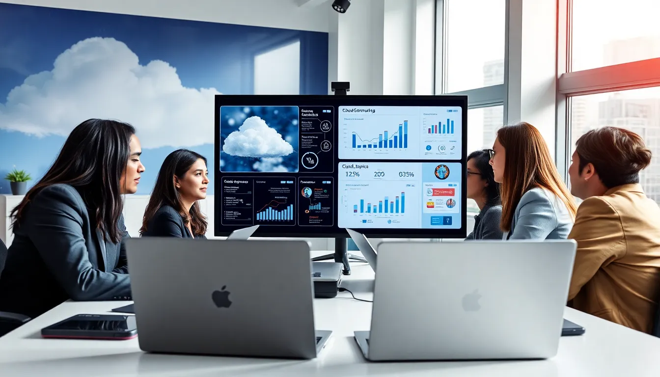 diverse team discussing cloud computing management in a modern office.