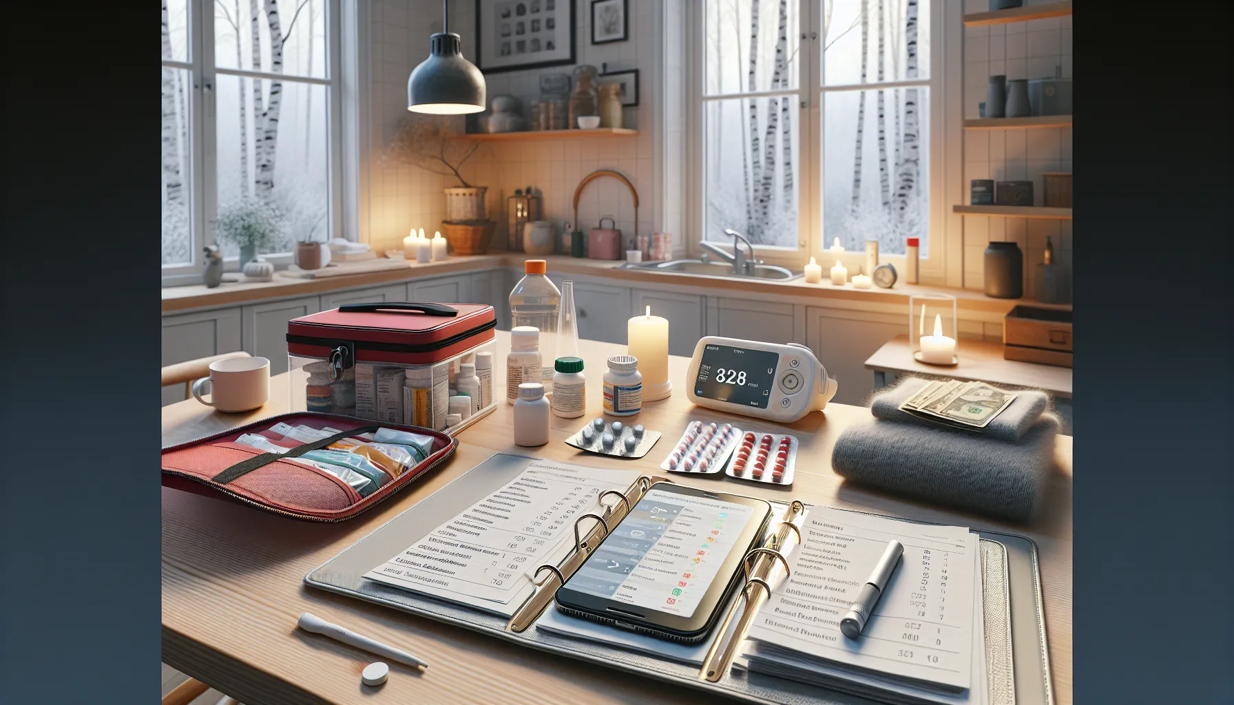 Open health binder and first-aid kit on a norwegian kitchen table.