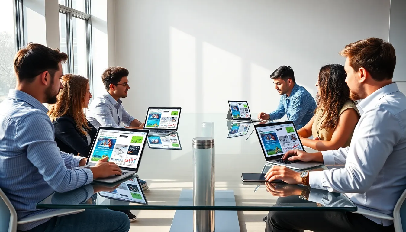 diverse professionals collaborating with Gfxmaker in a modern office.